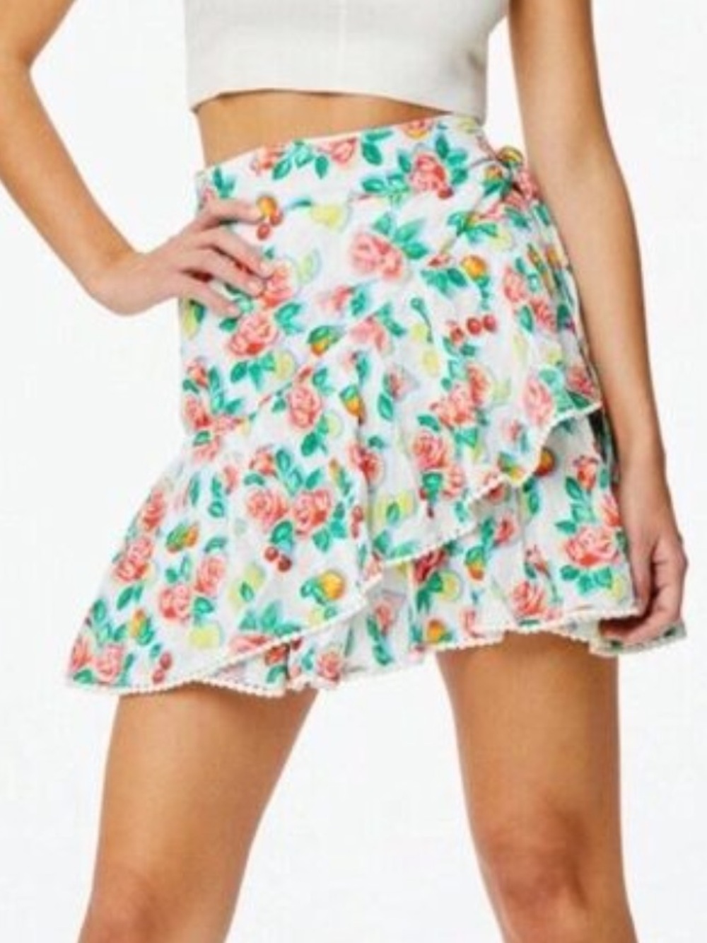 Roller Rabbit Ponderosa Floral Fruit Print Mary Ruffle Wrap Mini Skirt L